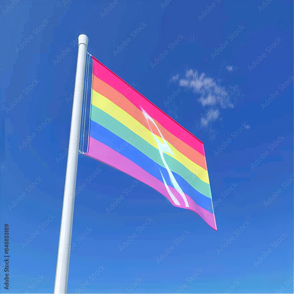 The rainbow flag flutters in the wind against a clear blue sky, a ...