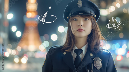 Japanese Cosplayer woman in a police uniform,standing alone and posing with her hat, with a Tokyo night background  photo