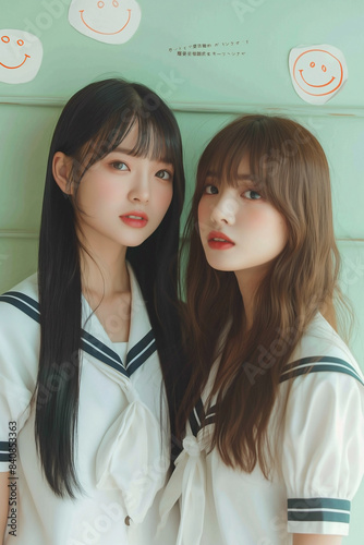 2 Japanese girls in white sailor school uniforms. talking with each other and looking at each other with happy expressions of friendship  photo