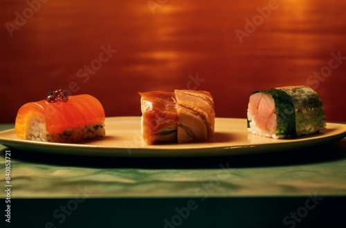 slices of sushi on a tray 