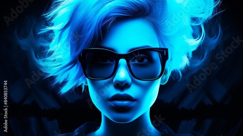 Illustrative portrait of a woman with bright blue lighting  tousled hair  and oversized black sunglasses. Futuristic and bold fashion concept.