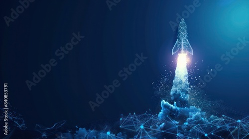 Business achievement to success concept with rocket launch low poly wireframe on blue background photo