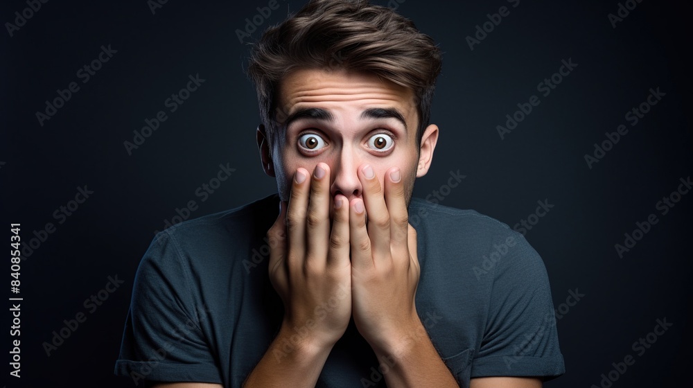 Fototapeta premium shocked photo The shocked young man covered his mouth excitedly