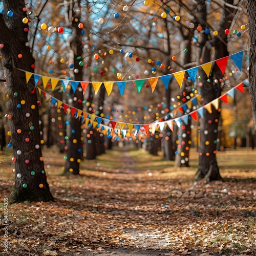 Wallpaper Mural decorated with colorful flags and balloons, illuminated by the soft light of garlands. Outdoor party on a warm summer evening.
Concept: outdoor parties, family celebrations, birthdays, summer events Torontodigital.ca