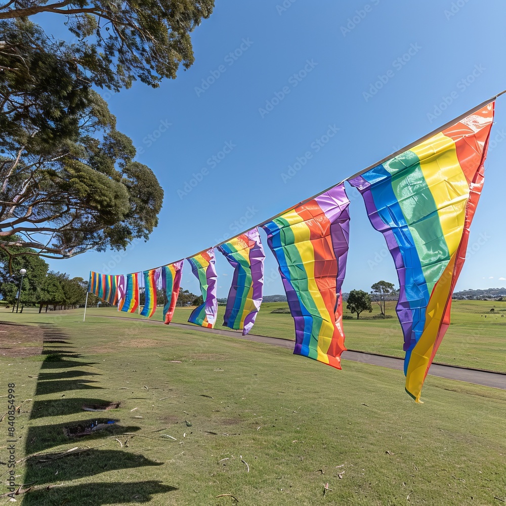 The rainbow flag flutters in the wind against a clear blue sky, a ...