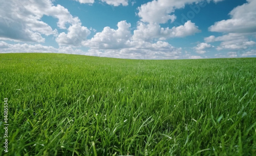 Panoramic Natural Landscape Green Grass Field  Blue Sky  and Mountains in Background  Summer Spring Meadow