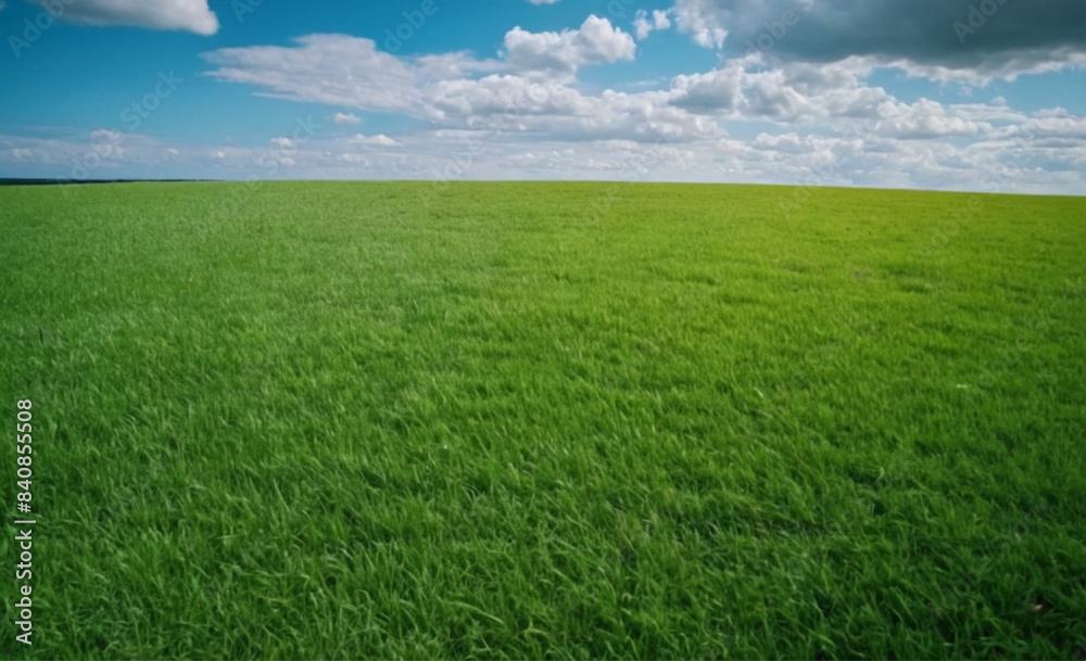 Panoramic Natural Landscape Green Grass Field, Blue Sky, and Mountains in Background, Summer Spring Meadow Panoramic Natural Landscape Green Grass Field, Blue Sky, and Mountains in Background, Summer Spring Meadow