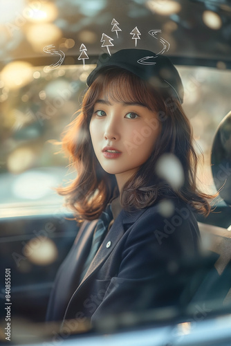 Asian woman in a dark suit with a necktie. sitting alone in a modernize eco car on the driver seat photo