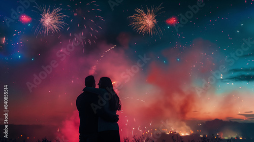 Couple hugging under a sky filled with fireworks, vibrant colors bursting, top third copy space