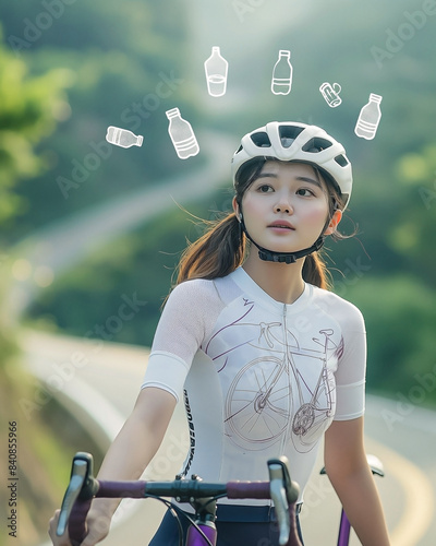 Asian woman in White Bicycle jersey, Standing alone in front of her vivid purple road bike ,a few hand-drawn drinking water bottles floating around her  photo