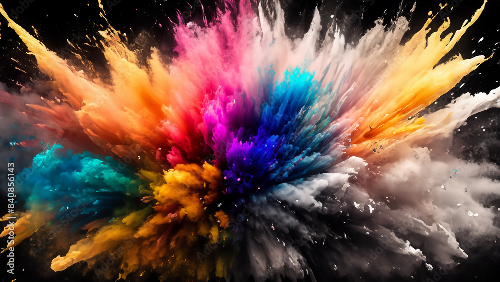 Fototapeta premium Abstract explosion of colored colored powder isolated on dark background, top view art illustration design