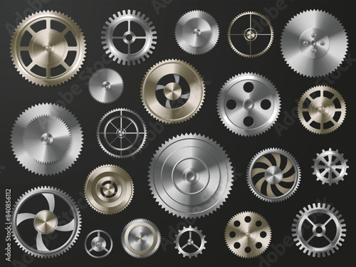 Metal gears. Metallic cogwheels and spur gears for mechanical engineering, industrial and steampunk themed design. Isolated vector set.