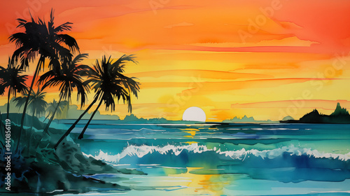 Watercolor painting of a serene tropical beach scene at sunset