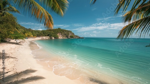 Tropical Beach With White Sand and Turquoise Waters on a Sunny Day