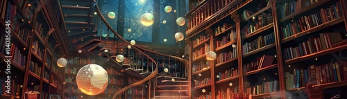 A magical, enchanted library with floating books, spiral staircases, and glowing orbs of light. The shelves are filled with ancient, and mystical creatures peek out from behind the books photo