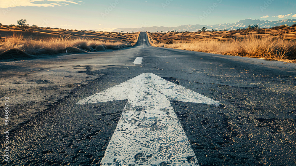 An asphalt road stretches into the distance with a painted white arrow ...