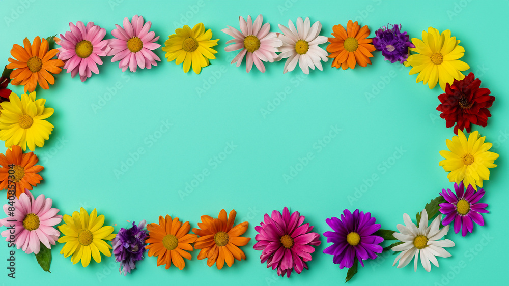 Abstract landscape oriented blank frame encircled by a diverse mix of colorful flowers on a teal background art illustration design Abstract landscape oriented blank frame encircled by a diverse mix of colorful flowers on a teal background art illustration design