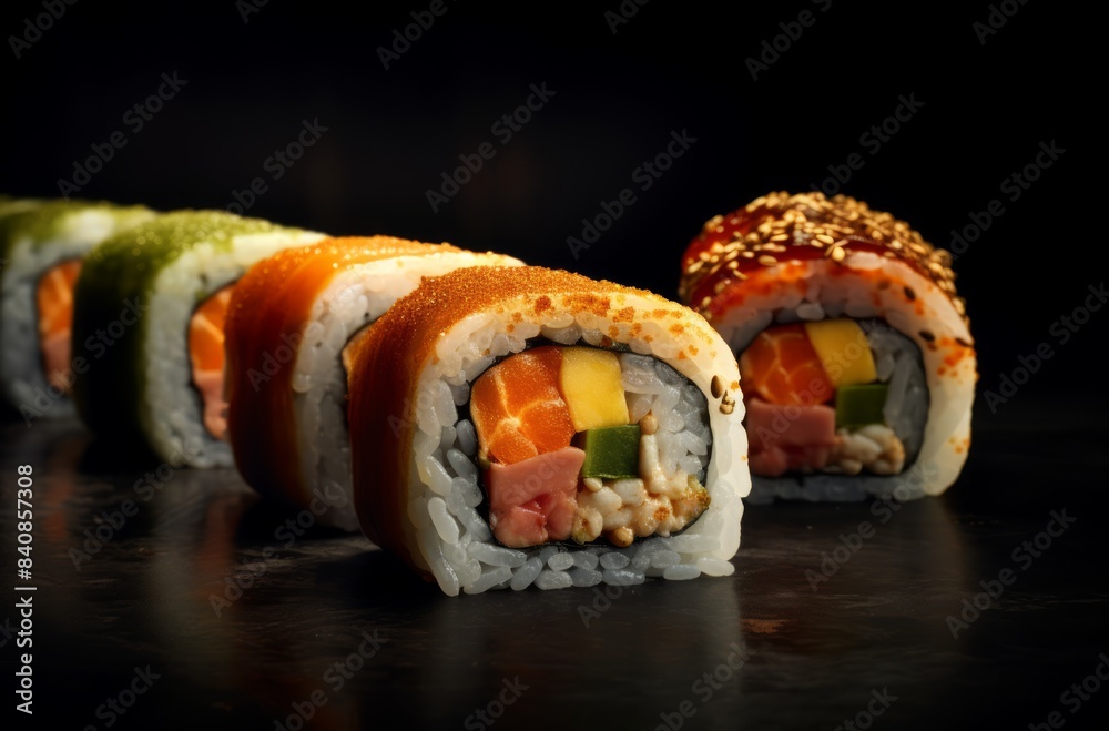 sushi arrangement composition on black background. The Art of Japanese Cuisine. sushi arrangement composition on black background. The Art of Japanese Cuisine.