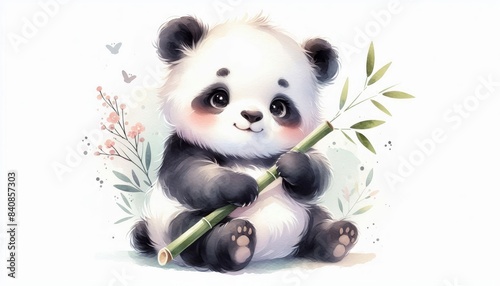 Charming Baby Panda with Bamboo - baby panda holding a piece of bamboo, surrounded by soft floral accents. The panda's sweet expression, rosy cheeks, and fluffy fur add to the charm
