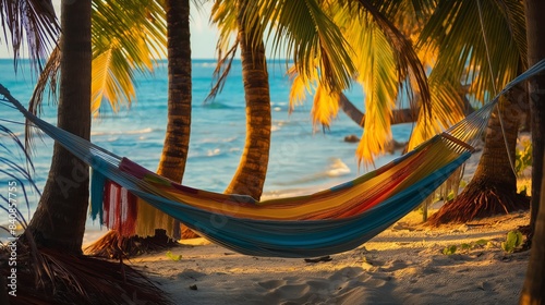 Vibrant hammock hung between palms at a tropical beach, with sunset hues over the tranquil sea.