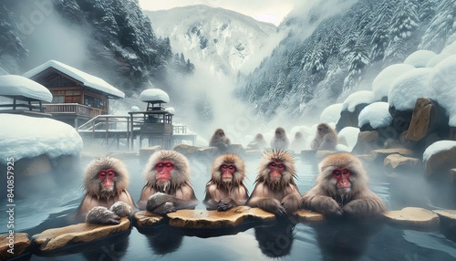 Japanese monkeys in hot spring in snow - A serene photo capturing Japanese macaques soaking in a hot spring during a snowy day photo