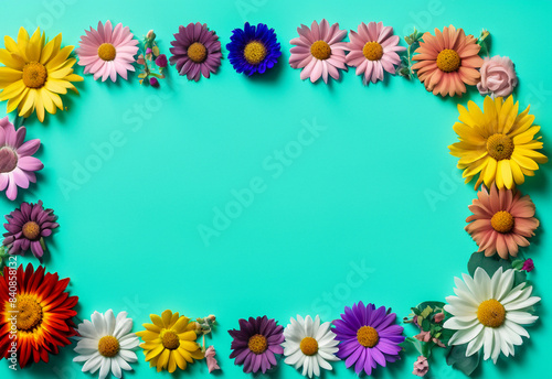 Abstract landscape oriented blank frame encircled by a diverse mix of colorful flowers on a teal background art illustration design photo