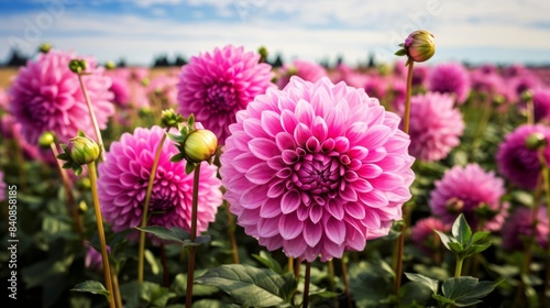 Bush of pink dahlias, autumn flowers in the park.