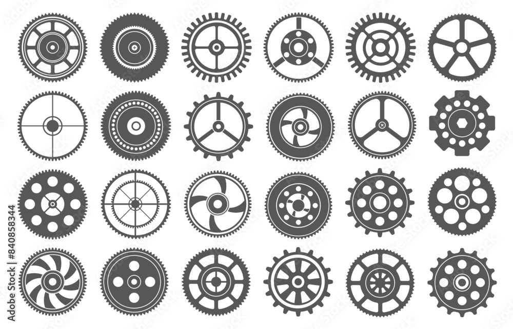 Flat gears. Mechanical cogwheels, stencil machine gear icons for technical or engineering themed diagrams projects and industrial design vector set. Flat gears. Mechanical cogwheels, stencil machine gear icons for technical or engineering themed diagrams projects and industrial design vector set.