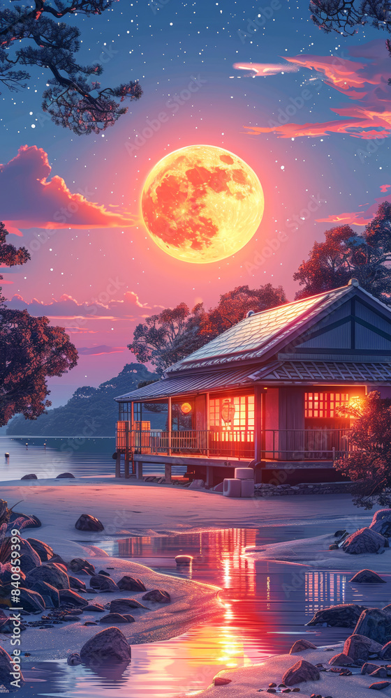 Fototapeta premium Cozy cabin illuminated by a glowing full moon reflecting on a serene lake, perfect for peaceful retreat themes.