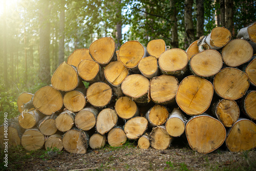 Pine firewood in the forest.Natural fuel.The roundwood forest.Age-old rings.Cut down the trees in parts.