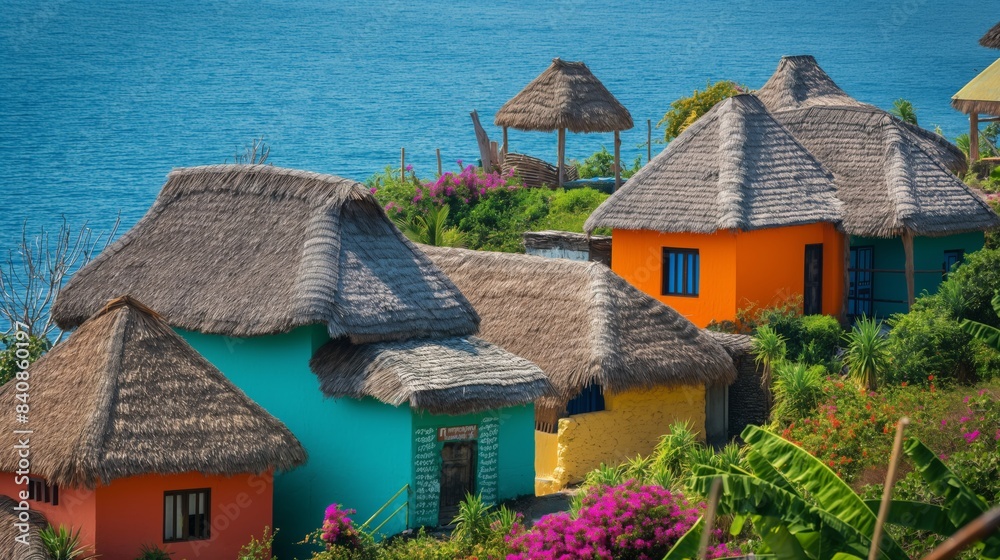 Brightly colored thatched-roof huts on a lush hillside overlooking a beautiful turquoise ocean. Brightly colored thatched-roof huts on a lush hillside overlooking a beautiful turquoise ocean.