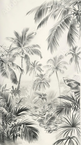 Seamless Border Hand Drawn Black and White Lithography Illustration Retro Style Design. Tropical wallapaper. AI generated illustration