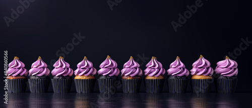 Row chocolate cupcakes with violet frosting golden pearls on dark background, minimalism, copy space