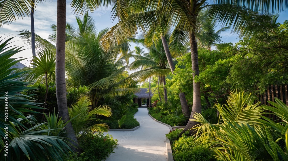 Serene tropical pathway surrounded by lush greenery and tall palm trees under a clear sky.