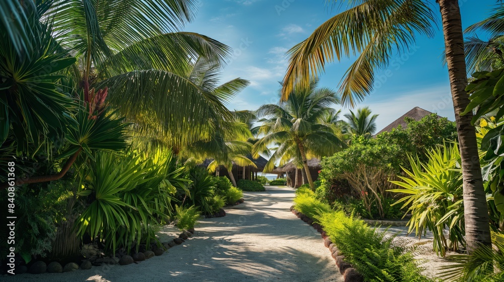 Obraz premium Serene tropical resort pathway lined with lush palm trees and greenery under a bright blue sky.