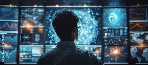 A man is touching a screen with a blue circle on it