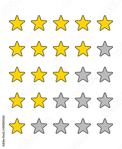 Product rating customer review set with yellow stars and black stroke flat vector icons for apps and websites design