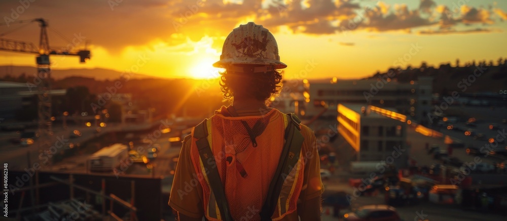 construction worker, looking out over a bustling construction site at sunset, safety gear construction worker, looking out over a bustling construction site at sunset, safety gear