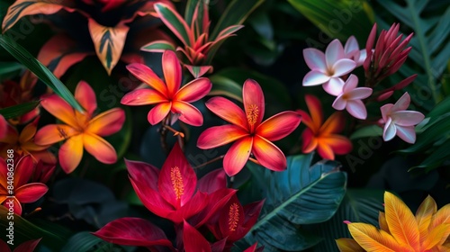 Bright and colorful tropical flowers with vibrant petals and lush greenery in full bloom.