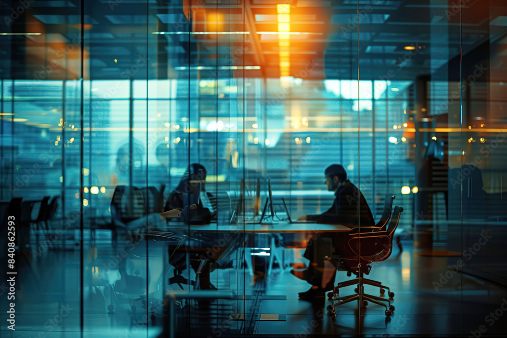 Blurred business office background. Modern office with glass walls in city setting.
