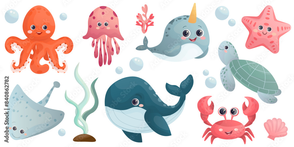 A Set of Sea Animals. Underwater Life. Cute whale, octopus, stingray, jellyfish, crab, narwhal, starfish, turtle. Wild sea animals isolated on white background. A Set of Sea Animals. Underwater Life. Cute whale, octopus, stingray, jellyfish, crab, narwhal, starfish, turtle. Wild sea animals isolated on white background.