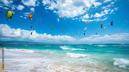 Colorful kitesurfers soar above the turquoise waves under a sunny blue sky on a scenic beach.