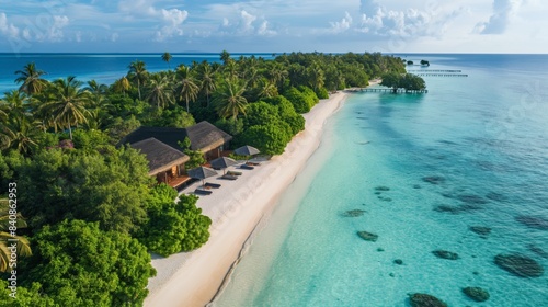 A tranquil beach resort with crystal clear waters, exotic palm trees, and luxurious villas along the shoreline. photo
