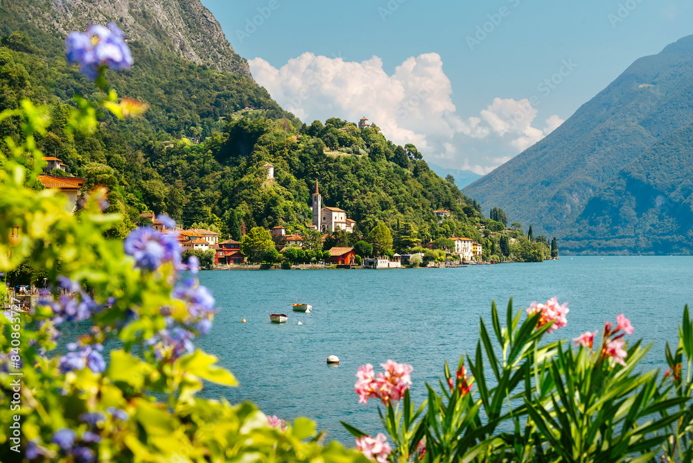 Lake Lugano, Italy. View of the lake, mountains and buildings