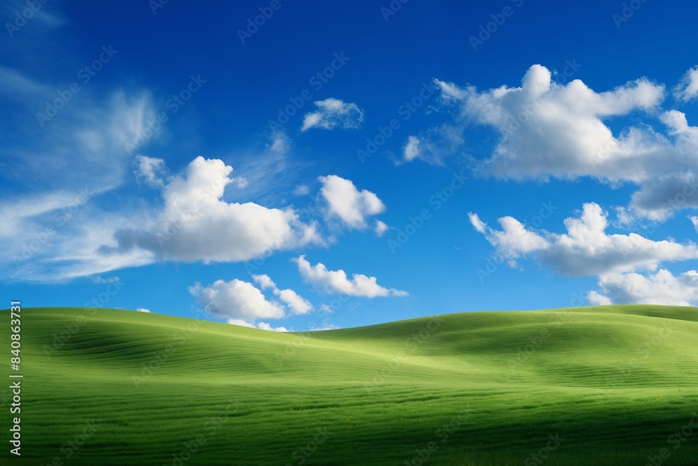 A beautiful summer or spring landscape with green grass on the hills and green fields. The blue sky is filled with white clouds and bright sunlight. Nature as a background. A beautiful summer or spring landscape with green grass on the hills and green fields. The blue sky is filled with white clouds and bright sunlight. Nature as a background.