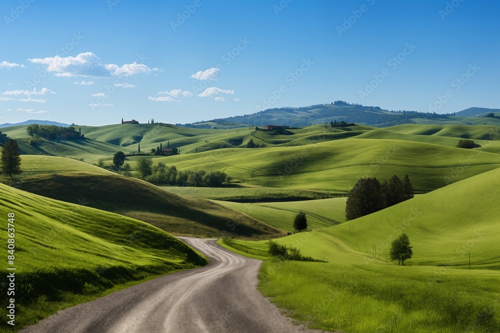 A beautiful summer or spring landscape with green grass on the hills and green fields. The blue sky is filled with white clouds and bright sunlight. Nature as a background.