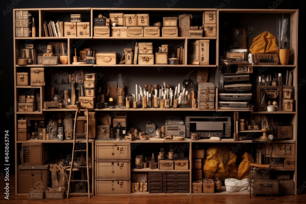a bunch of shelves and boxes with various objects against the wall, as a background and part of the interior a bunch of shelves and boxes with various objects against the wall, as a background and part of the interior