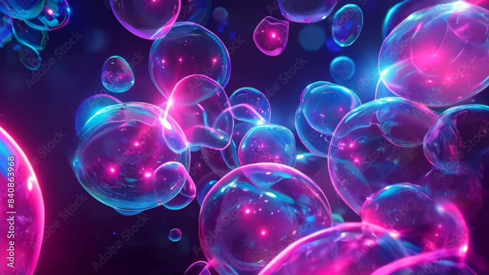 Neon background Kaleidoscope of soap bubbles, spectrum of color and light for celebratory themes and whimsical design projects on dark, flying bubbles