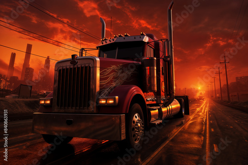 A truck is driving along the road against the background of a red sunset  a dark dramatic sky