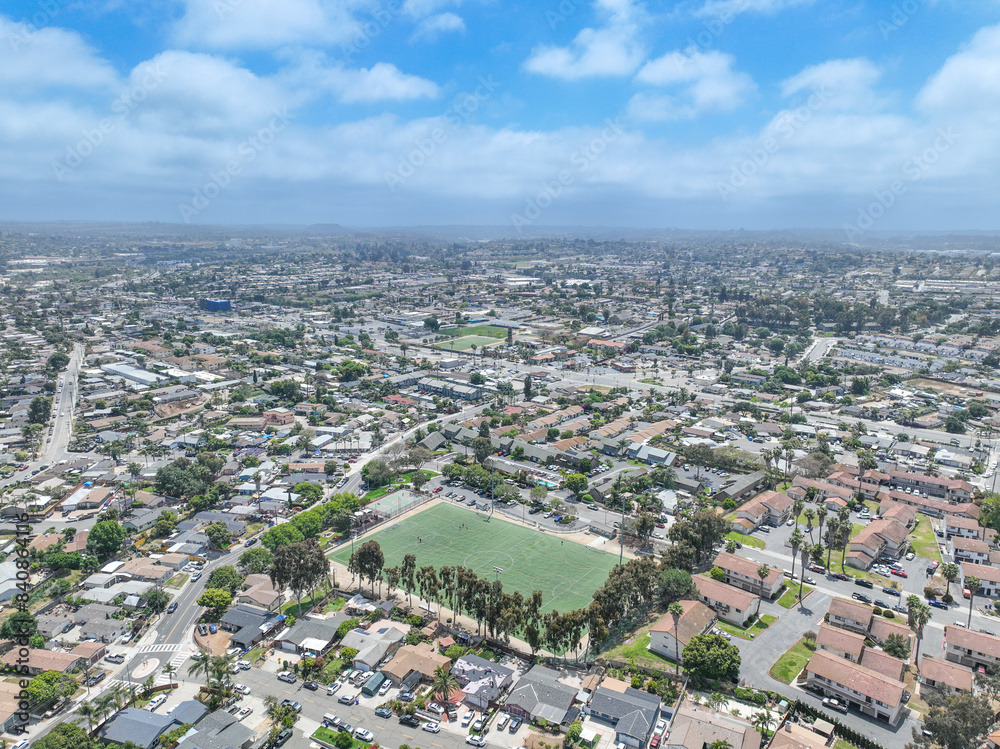 Aerial view of houses and communities in Vista, Carlsbad in North County of San Diego, California. USA.